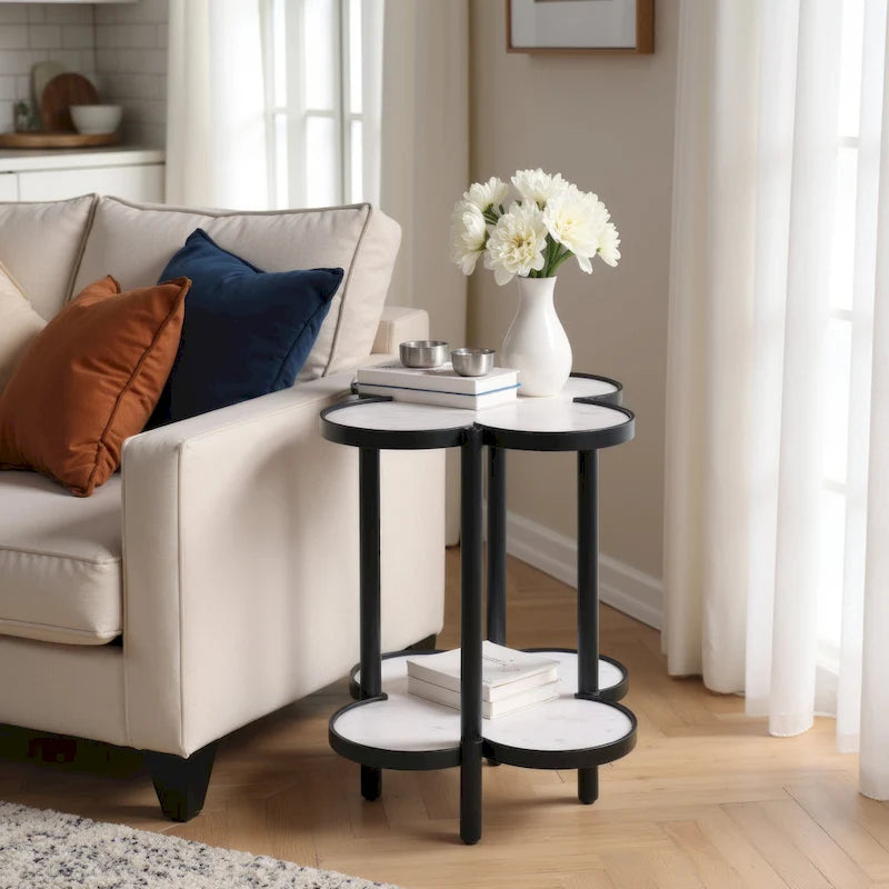 Chloe Side End Table, White Genuine Marble Clover Shape Top With Black Iron Frame