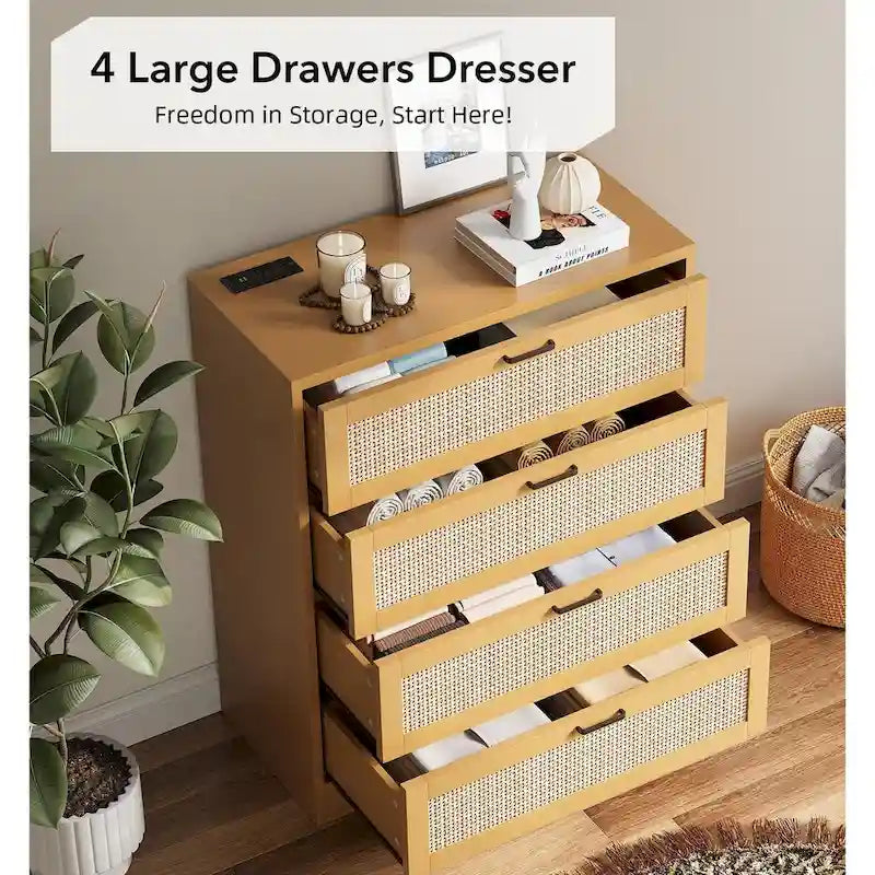 Commode à 4 tiroirs en rotin pour chambre à coucher