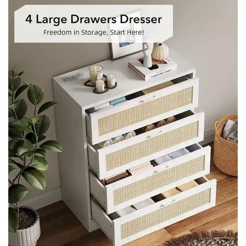 Commode à 4 tiroirs en rotin pour chambre à coucher