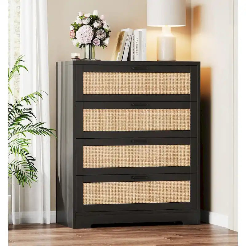 Commode à 4 tiroirs en rotin pour chambre à coucher