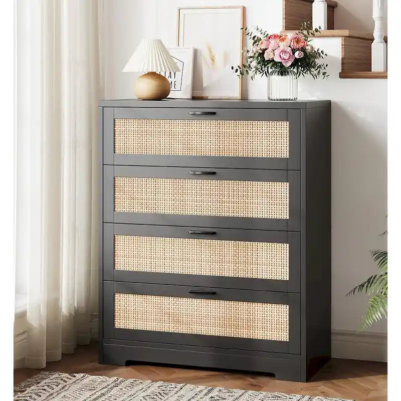 Commode à 4 tiroirs en rotin pour chambre à coucher