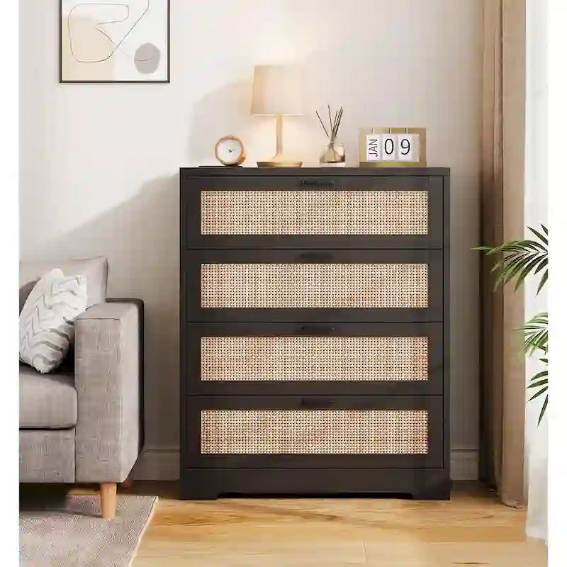 Commode à 4 tiroirs en rotin pour chambre à coucher