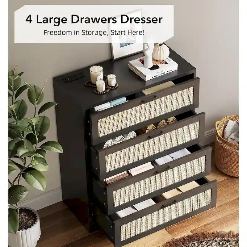 Commode à 4 tiroirs en rotin pour chambre à coucher