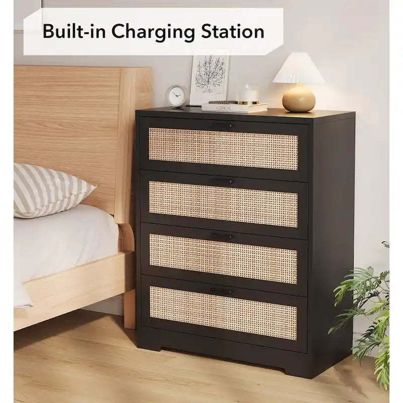 Commode à 4 tiroirs en rotin pour chambre à coucher
