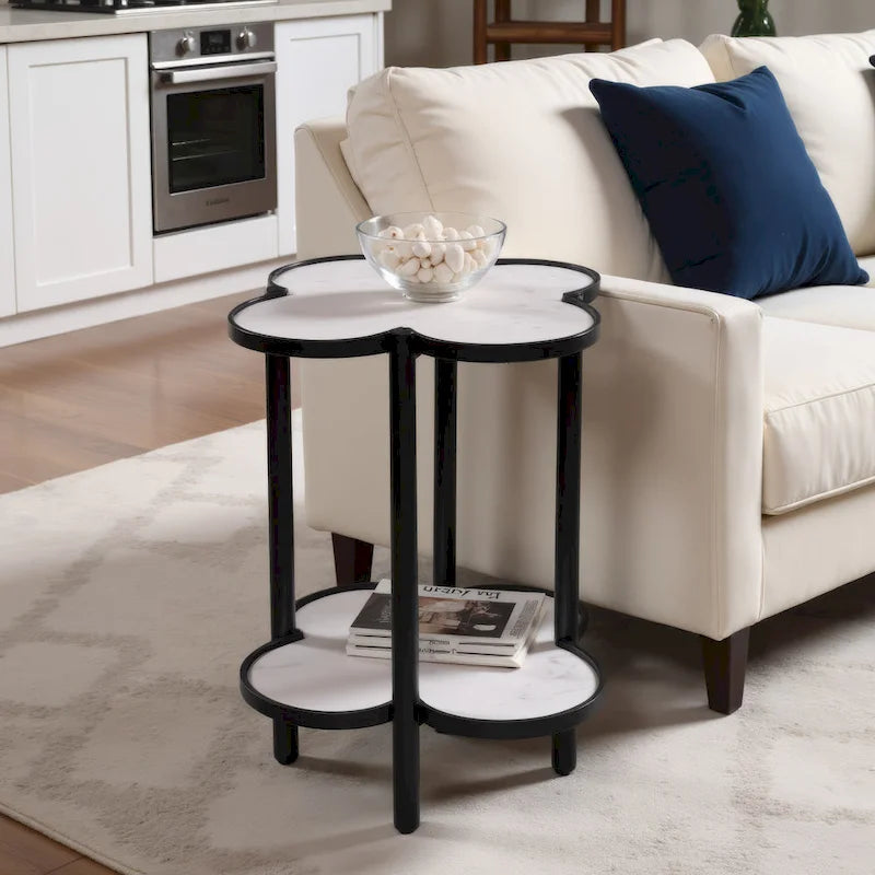 Table d'appoint, plateau en marbre véritable blanc en forme de trèfle avec cadre en fer noir