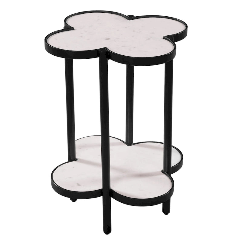 Table d'appoint, plateau en marbre véritable blanc en forme de trèfle avec cadre en fer noir