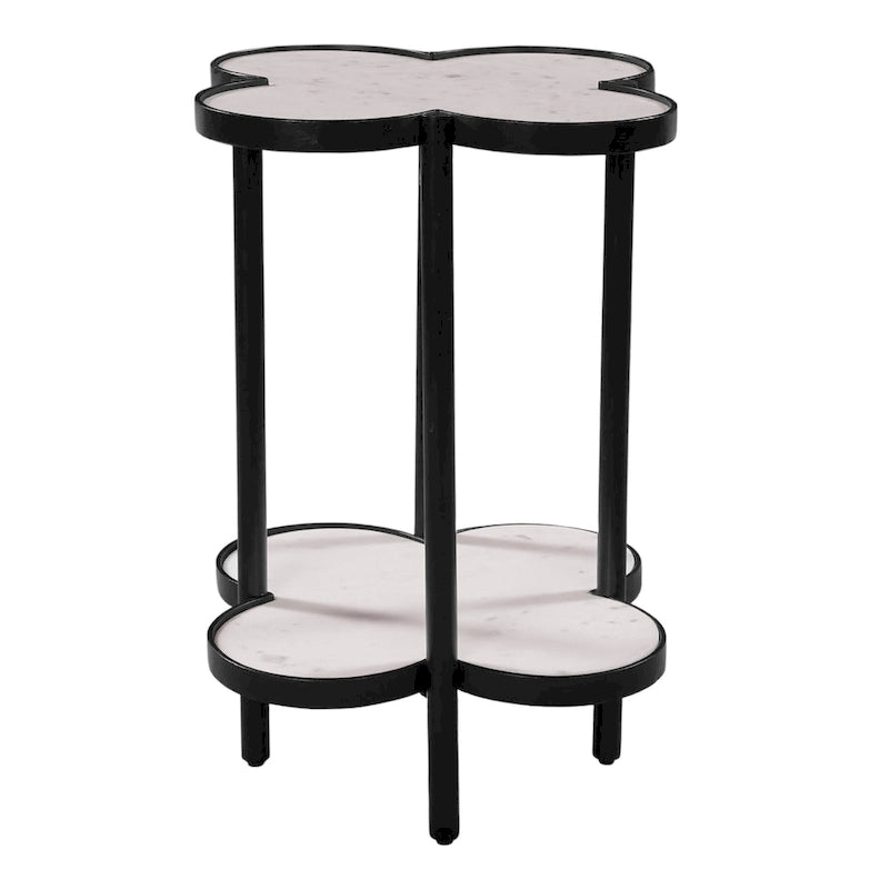 Table d'appoint, plateau en marbre véritable blanc en forme de trèfle avec cadre en fer noir