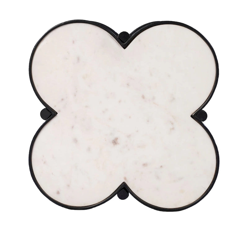 Table d'appoint, plateau en marbre véritable blanc en forme de trèfle avec cadre en fer noir