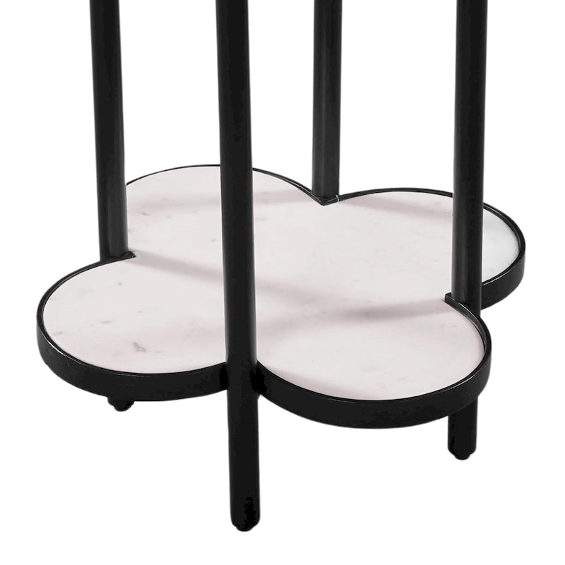 Table d'appoint, plateau en marbre véritable blanc en forme de trèfle avec cadre en fer noir