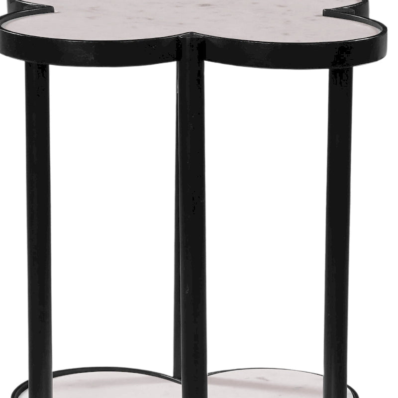 Table d'appoint, plateau en marbre véritable blanc en forme de trèfle avec cadre en fer noir