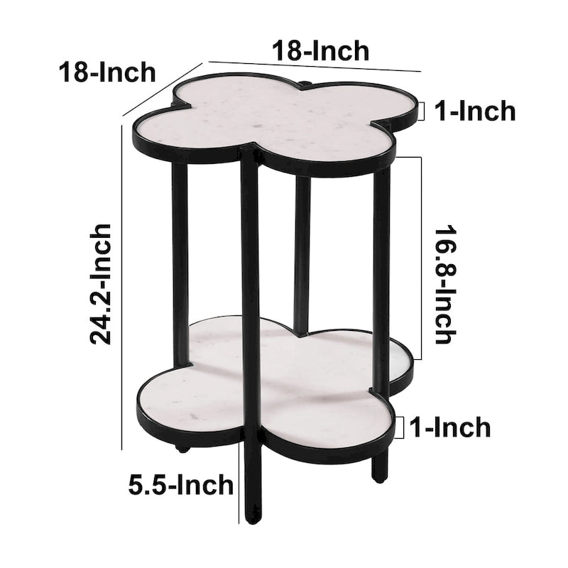 Table d'appoint, plateau en marbre véritable blanc en forme de trèfle avec cadre en fer noir