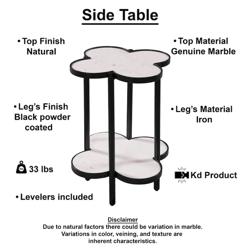 Table d'appoint, plateau en marbre véritable blanc en forme de trèfle avec cadre en fer noir