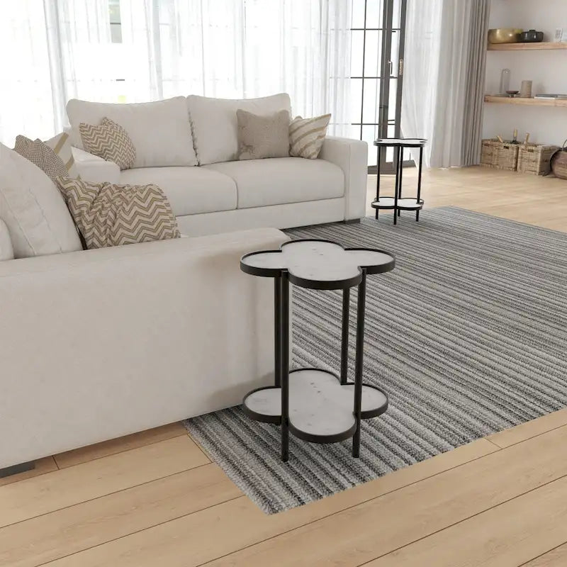 Table d'appoint, plateau en marbre véritable blanc en forme de trèfle avec cadre en fer noir
