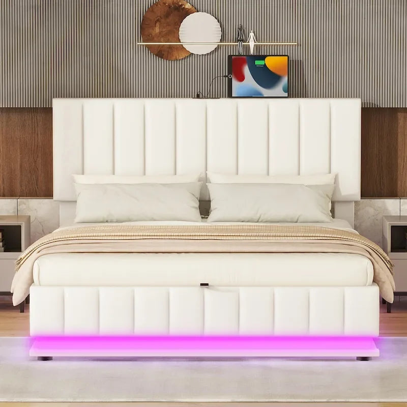 Cadre de lit plateforme relevable avec rangement, lit bas rembourré en cuir PU avec lumières LED télécommandées, prises, ports USB
