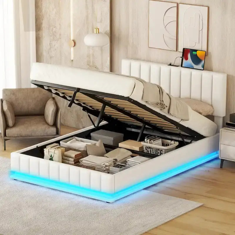 Cadre de lit plateforme relevable avec rangement, lit bas rembourré en cuir PU avec lumières LED télécommandées, prises, ports USB