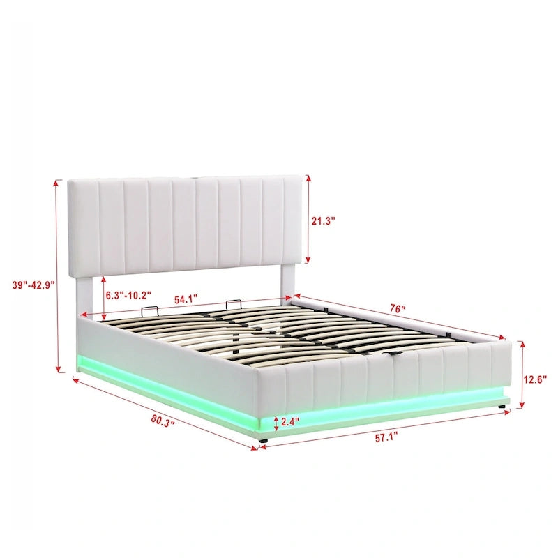 Cadre de lit plateforme relevable avec rangement, lit bas rembourré en cuir PU avec lumières LED télécommandées, prises, ports USB