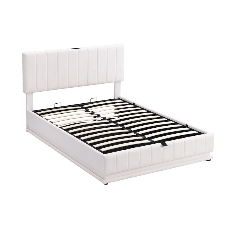 Cadre de lit plateforme relevable avec rangement, lit bas rembourré en cuir PU avec lumières LED télécommandées, prises, ports USB