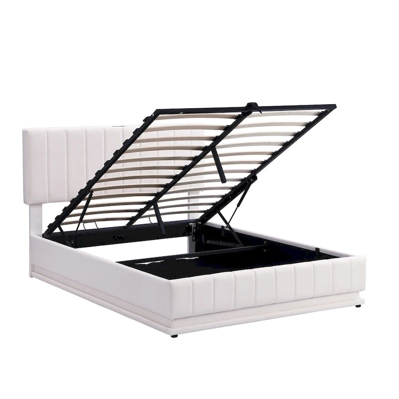 Cadre de lit plateforme relevable avec rangement, lit bas rembourré en cuir PU avec lumières LED télécommandées, prises, ports USB