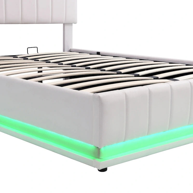 Cadre de lit plateforme relevable avec rangement, lit bas rembourré en cuir PU avec lumières LED télécommandées, prises, ports USB