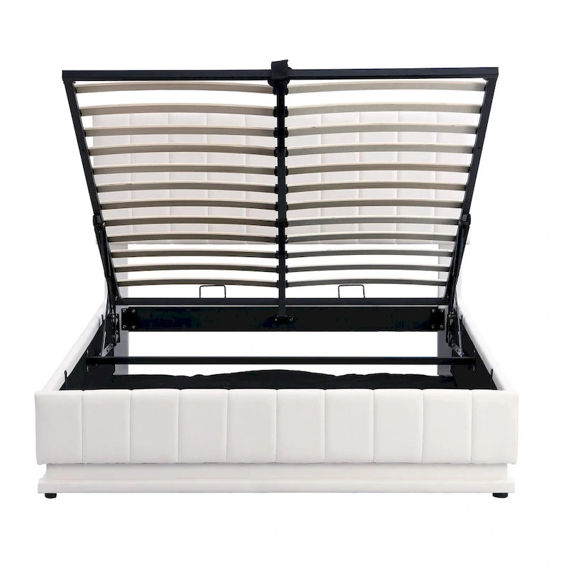 Cadre de lit plateforme relevable avec rangement, lit bas rembourré en cuir PU avec lumières LED télécommandées, prises, ports USB