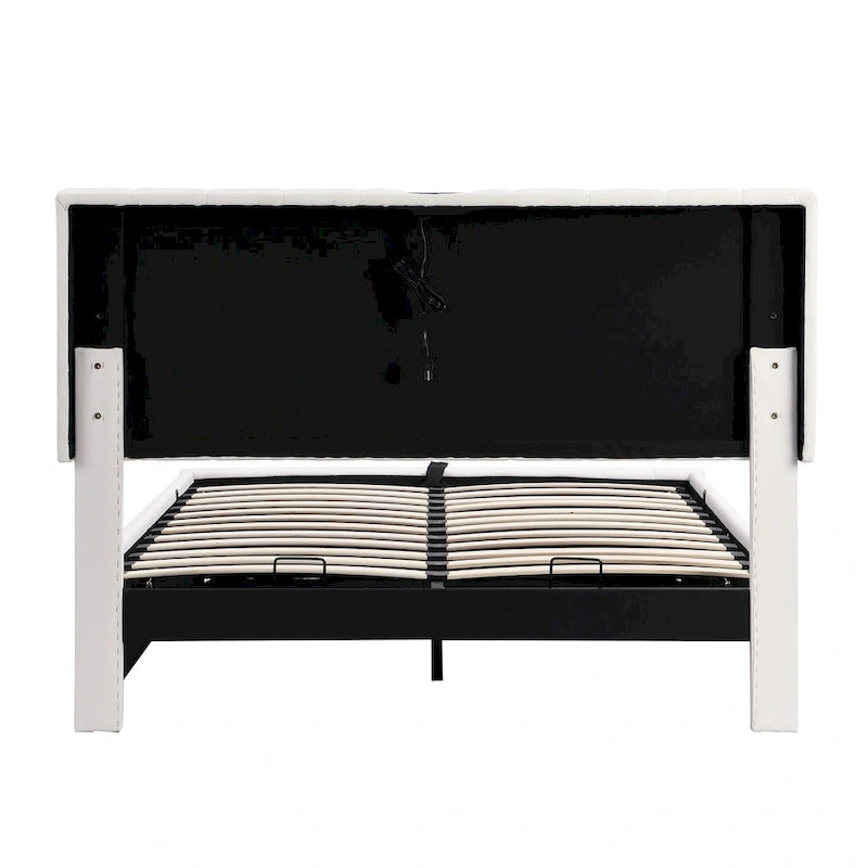 Cadre de lit plateforme relevable avec rangement, lit bas rembourré en cuir PU avec lumières LED télécommandées, prises, ports USB