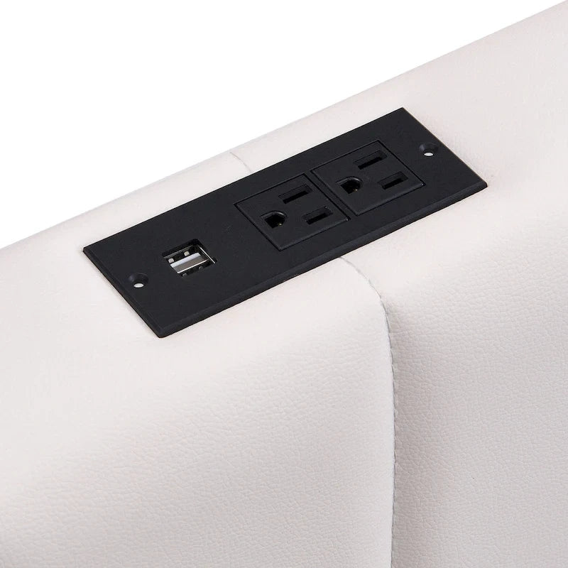Cadre de lit plateforme relevable avec rangement, lit bas rembourré en cuir PU avec lumières LED télécommandées, prises, ports USB
