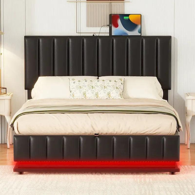 Cadre de lit plateforme relevable avec rangement, lit bas rembourré en cuir PU avec lumières LED télécommandées, prises, ports USB