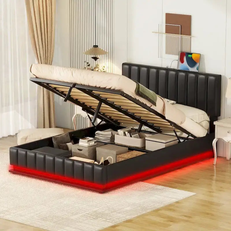 Cadre de lit plateforme relevable avec rangement, lit bas rembourré en cuir PU avec lumières LED télécommandées, prises, ports USB