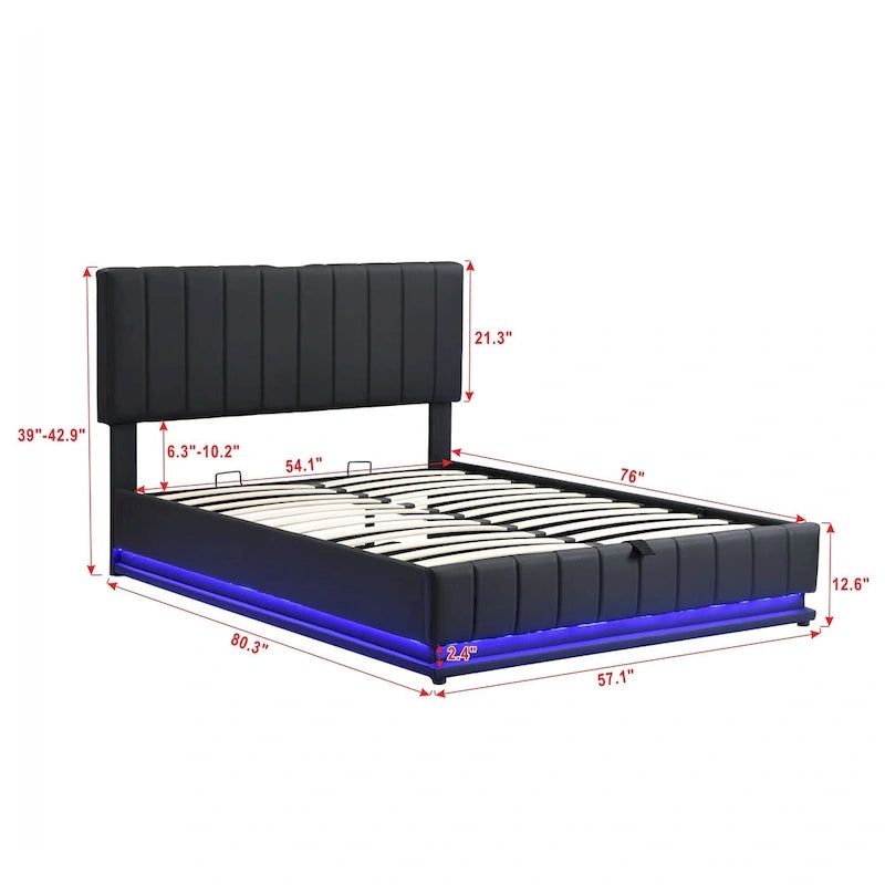 Cadre de lit plateforme relevable avec rangement, lit bas rembourré en cuir PU avec lumières LED télécommandées, prises, ports USB
