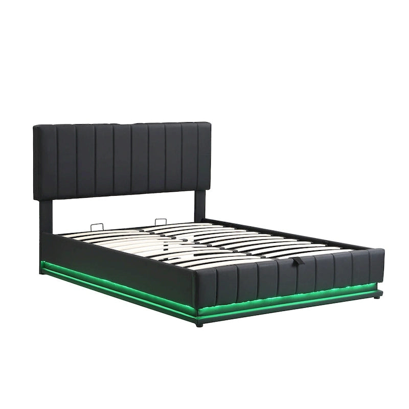 Cadre de lit plateforme relevable avec rangement, lit bas rembourré en cuir PU avec lumières LED télécommandées, prises, ports USB