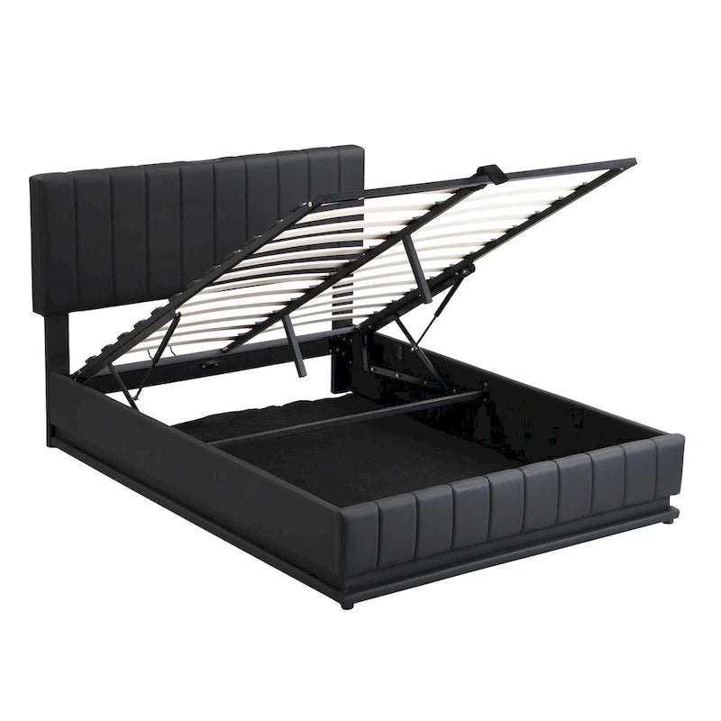 Cadre de lit plateforme relevable avec rangement, lit bas rembourré en cuir PU avec lumières LED télécommandées, prises, ports USB
