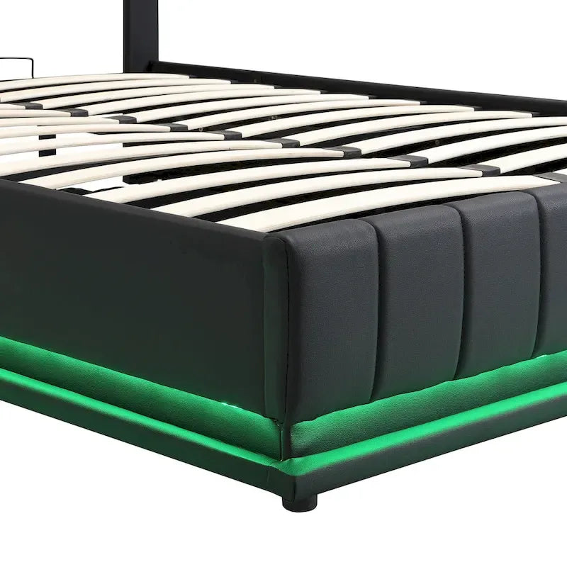 Cadre de lit plateforme relevable avec rangement, lit bas rembourré en cuir PU avec lumières LED télécommandées, prises, ports USB