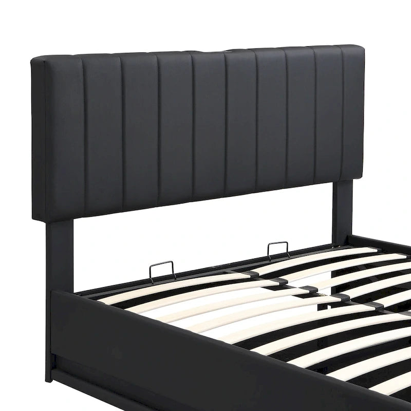 Cadre de lit plateforme relevable avec rangement, lit bas rembourré en cuir PU avec lumières LED télécommandées, prises, ports USB