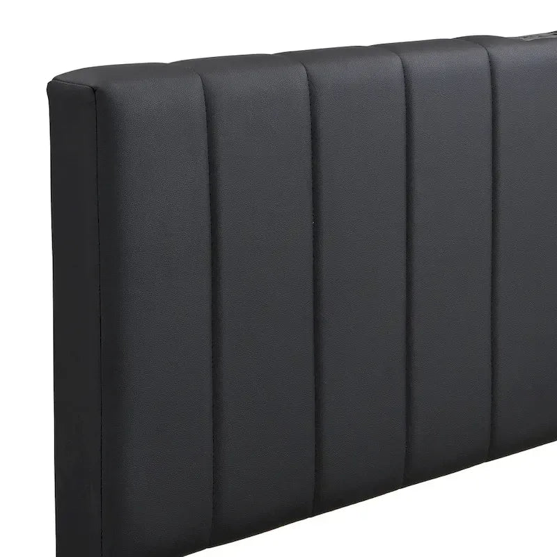 Cadre de lit plateforme relevable avec rangement, lit bas rembourré en cuir PU avec lumières LED télécommandées, prises, ports USB