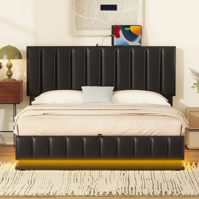 Cadre de lit plateforme relevable avec rangement, lit bas rembourré en cuir PU avec lumières LED télécommandées, prises, ports USB
