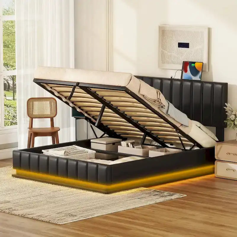 Cadre de lit plateforme relevable avec rangement, lit bas rembourré en cuir PU avec lumières LED télécommandées, prises, ports USB