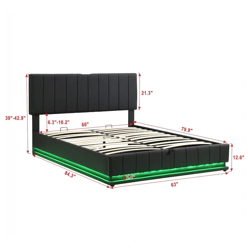 Cadre de lit plateforme relevable avec rangement, lit bas rembourré en cuir PU avec lumières LED télécommandées, prises, ports USB