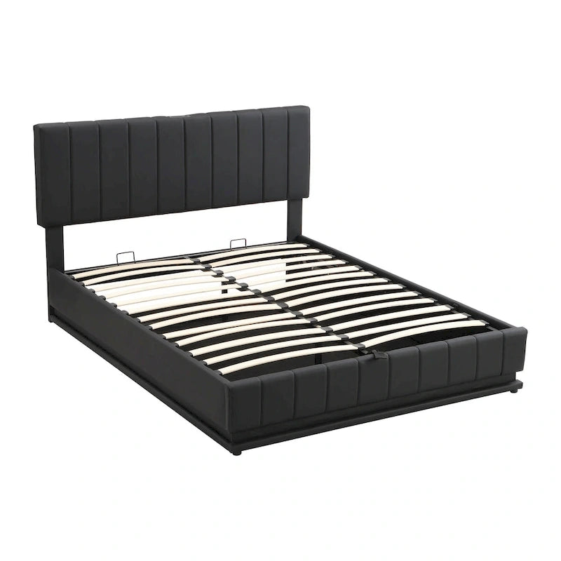 Cadre de lit plateforme relevable avec rangement, lit bas rembourré en cuir PU avec lumières LED télécommandées, prises, ports USB