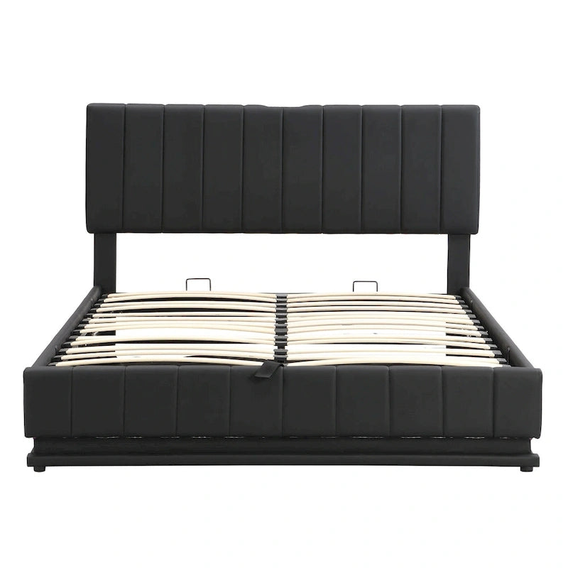Cadre de lit plateforme relevable avec rangement, lit bas rembourré en cuir PU avec lumières LED télécommandées, prises, ports USB