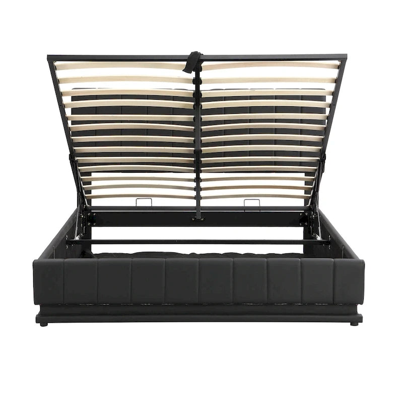 Cadre de lit plateforme relevable avec rangement, lit bas rembourré en cuir PU avec lumières LED télécommandées, prises, ports USB