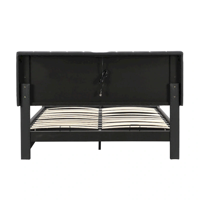 Cadre de lit plateforme relevable avec rangement, lit bas rembourré en cuir PU avec lumières LED télécommandées, prises, ports USB