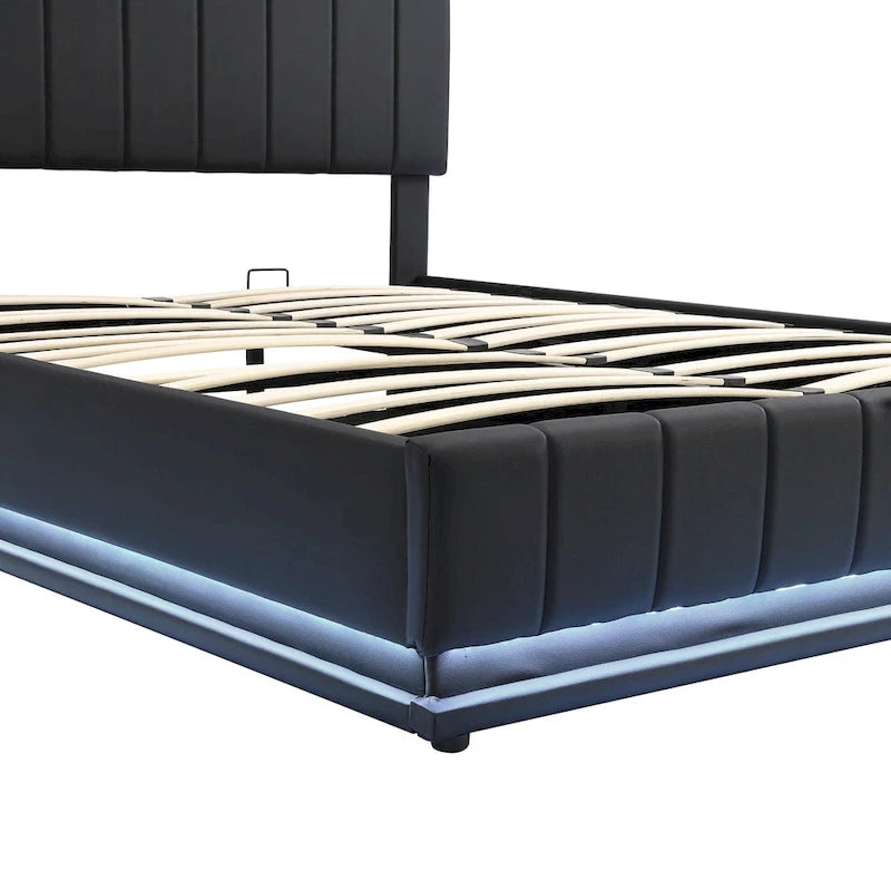 Cadre de lit plateforme relevable avec rangement, lit bas rembourré en cuir PU avec lumières LED télécommandées, prises, ports USB