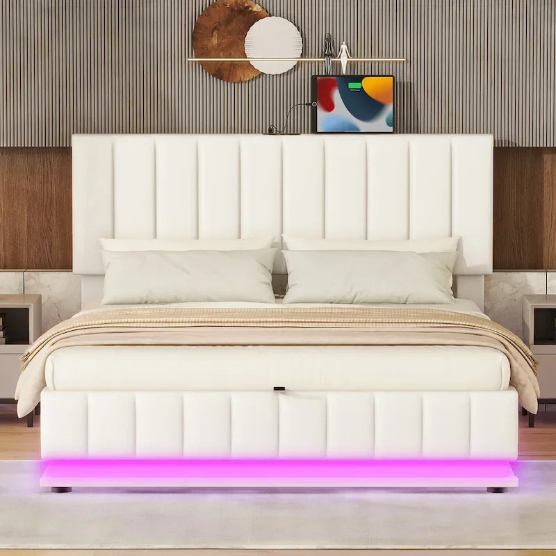 Cadre de lit plateforme relevable avec rangement, lit bas rembourré en cuir PU avec lumières LED télécommandées, prises, ports USB