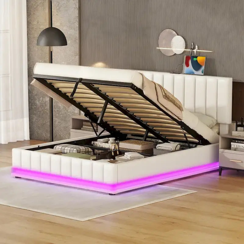 Cadre de lit plateforme relevable avec rangement, lit bas rembourré en cuir PU avec lumières LED télécommandées, prises, ports USB