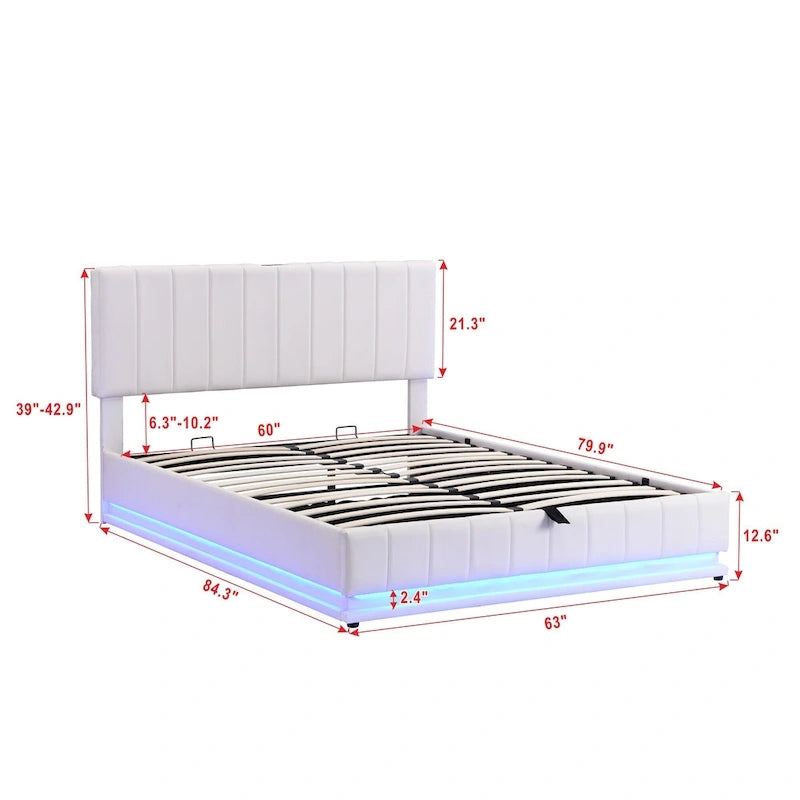 Cadre de lit plateforme relevable avec rangement, lit bas rembourré en cuir PU avec lumières LED télécommandées, prises, ports USB