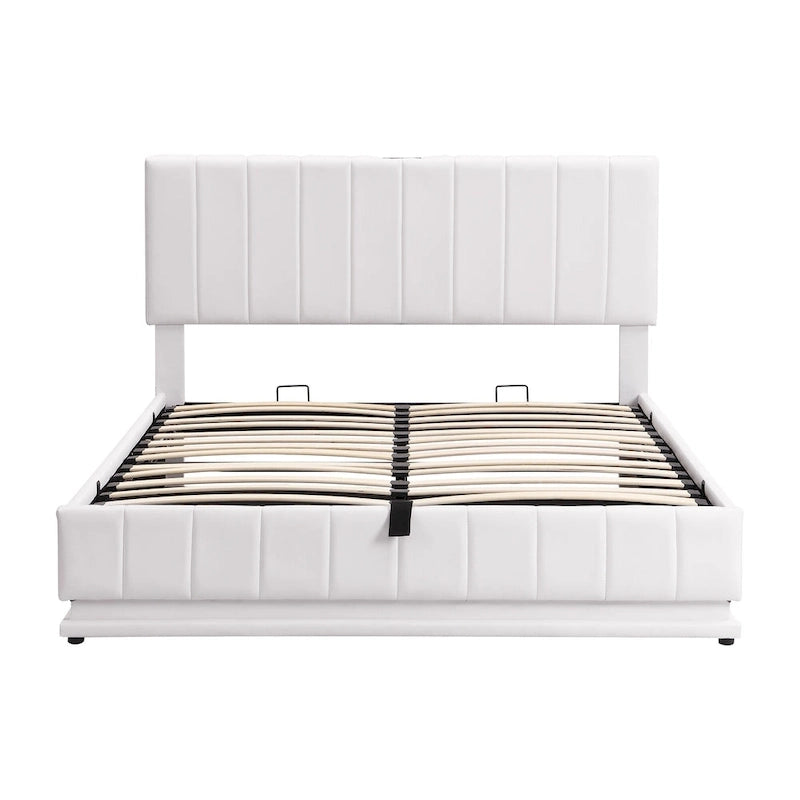 Cadre de lit plateforme relevable avec rangement, lit bas rembourré en cuir PU avec lumières LED télécommandées, prises, ports USB