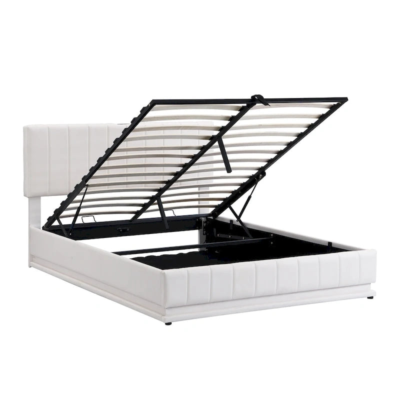 Cadre de lit plateforme relevable avec rangement, lit bas rembourré en cuir PU avec lumières LED télécommandées, prises, ports USB