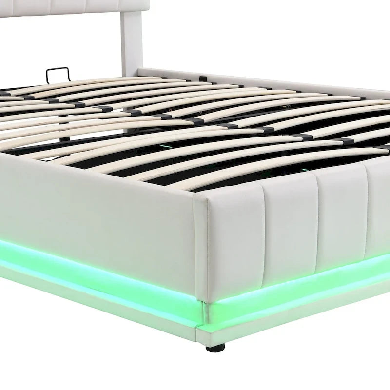 Cadre de lit plateforme relevable avec rangement, lit bas rembourré en cuir PU avec lumières LED télécommandées, prises, ports USB