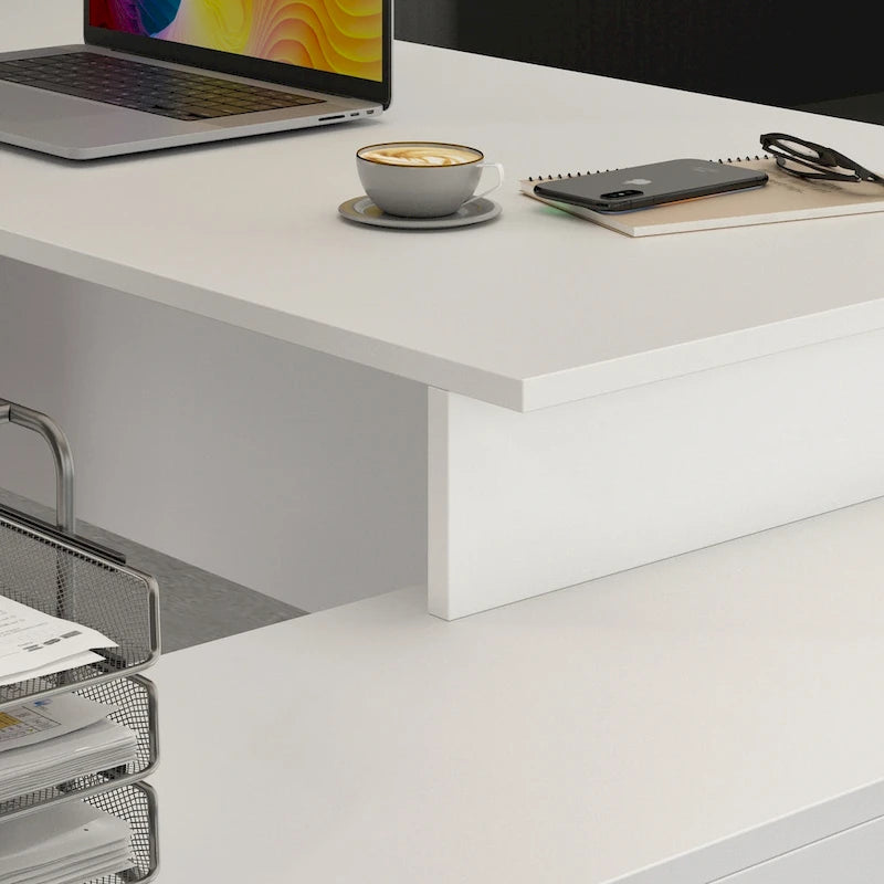 Bureau d'ordinateur de bureau en L avec tiroirs et étagères