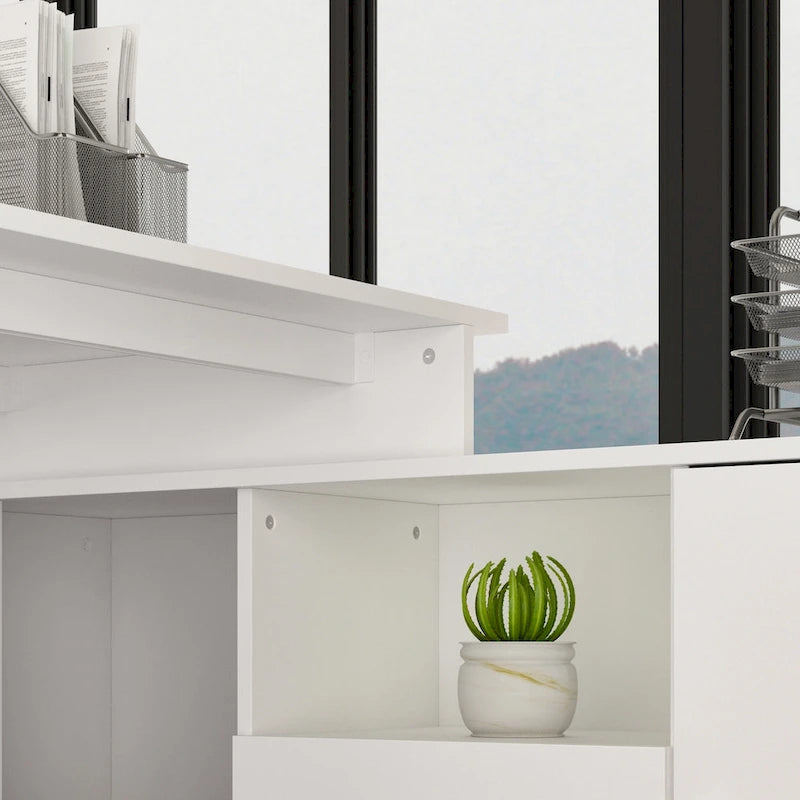 Bureau d'ordinateur de bureau en L avec tiroirs et étagères